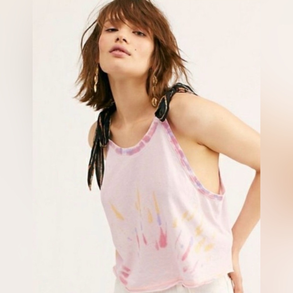 Free People Pastel Pink Tie-Dye Tank with Black Shoulder Ties